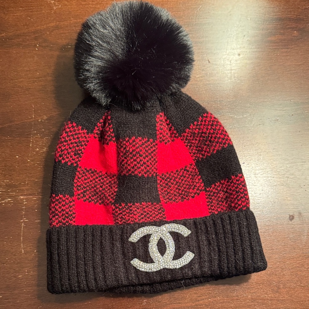 Black & Red Plaid Knit Pom-Pom Beanie with CC Logo